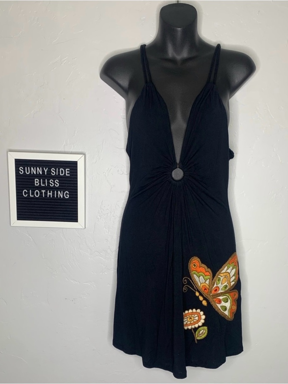 Soul Revival Black Deep V Neck Embroidered Butterfly Mini Dress Size Large